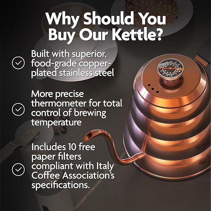 Vianté Gooseneck Stovetop Pour Over Coffee Kettle with Thermometer for Drip Coffee and Tea. Premium Copper Stainless Steel. 40 fl oz. All Coocktops.