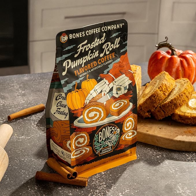 Bones Coffee Company Frosted Pumpkin Roll Flavored Coffee, Medium Roast Low Acid Arabica Beans Compatible with Auto drip and French Press Coffee Maker, 12 Oz Whole Bean