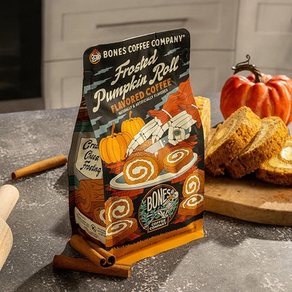 Bones Coffee Company Frosted Pumpkin Roll Flavored Coffee, Medium Roast Low Acid Arabica Beans Compatible with Auto drip and French Press Coffee Maker, 12 Oz Whole Bean