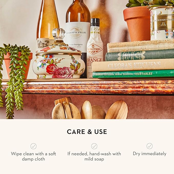 MACKENZIE-CHILDS Enamel Squashed Pot, Cute Enameled Container with Lid, 20 Ounces, White Flower Market