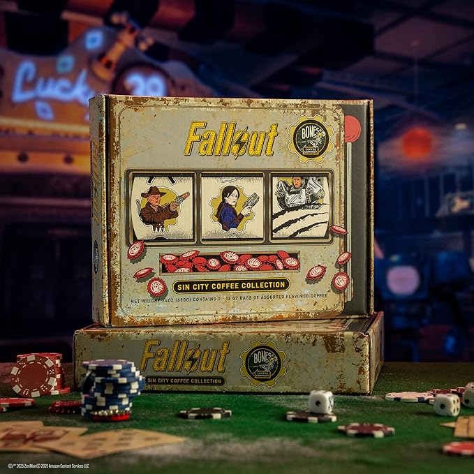 Bones Coffee Company Fallout Sin City Coffee Collector's Box, 2 Flavored Coffee Low Acid Medium Roast Arabica Beans Specialty Gifts, Auto Drip and French Press Compatible, 12 oz Pack of 2 Whole Bean