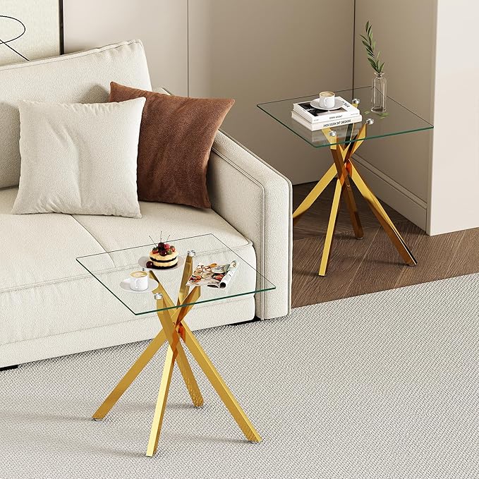 Gold Glass Coffee Table Set of 3 Modern End Table Living Room Side Table, Geometric Metal Legs 39.4 Inch Clear Rectangle Center Cocktail Tables, Gold