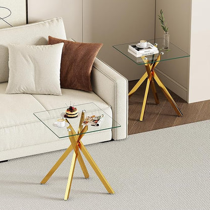 Gold Glass Coffee Table Set of 3 Modern End Table Living Room Side Table, Geometric Metal Legs 39.4 Inch Clear Rectangle Center Cocktail Tables, Gold