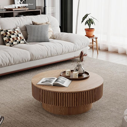 31.5 Inch Round Drum Coffee Table with Storage, Modern Handcraft Fluted Drum Coffee Table, Wooden Round Coffee Table Center Table with Sturdy Pedestal for Living Room Apartment (Natural)