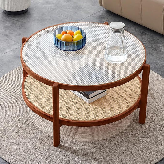 Mid Century Modern Coffee Table with Glass Top and PE Rattan Storage Shelf, 2-Tier 35 Inch Solid Wood Round Boho Coffe Table, Unique Center Table for Livinig Room Apartment Small Space