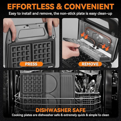 Baker’s Friend 3 in 1 Mini Waffle Maker with Removable Plates, Dual Waffle & Pancake and Grill Plates, Breakfast Sandwich Maker Press, Dishwasher Safe, Non-stick Coating, Graphite