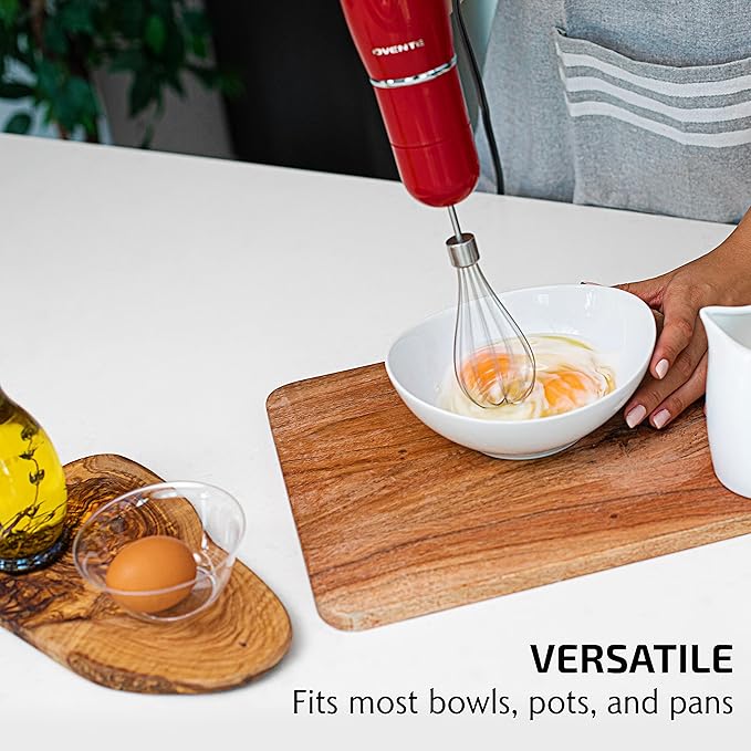 OVENTE Immersion Hand Blender, 300W Electric Handheld Portable Stick Mixer Set with 2 Mixing Speed, Stainless Steel Blades, Egg Whisk Attachment, Mixing Beaker and BPA-Free Food Chopper, Red HS565R