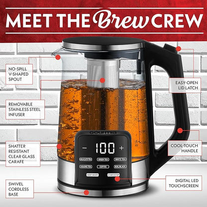 Gourmia Electric Programmable Glass Kettle – 1.7L Temperature Control Tea & Coffee Kettle with Digital Touch Display, 6 Presets, Keep Warm, Removable Stainless Steel Infuser, 360° Swivel Base – Black