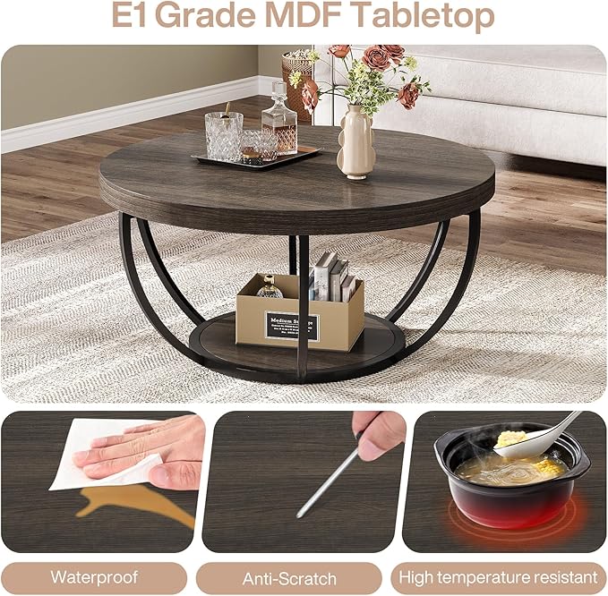 Tribesigns Round Coffee Table, 31.7" Wooden 2-Tier Circle Coffee Table with Storage Shelves, Modern Accent Cocktail Table Center Table for Living Room, Grey