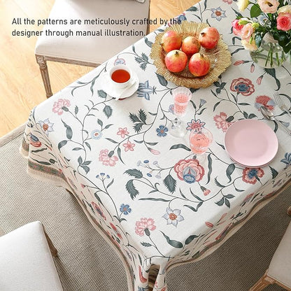 Designer Chinoiserie Linen Floral Small Square Tablecloth,White Wrinkle Resistant Table Cloth,Elegant Decor Tablecloths for Dining Thanksgiving Kitchen Party Christmas,55"*55"-Daffy