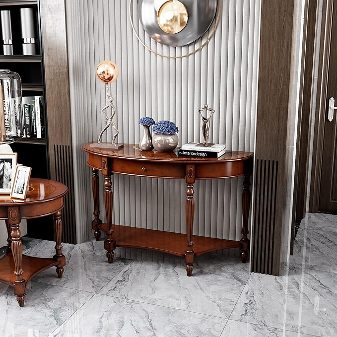 Solid Wood Oval Console Table with Drawer and Storage Shelf, Traditional Vintage Semi-Circle Entryway Table Polished Edging Half-Moon Narrow Table for Living Room Hallway Home, Cherry Walnut