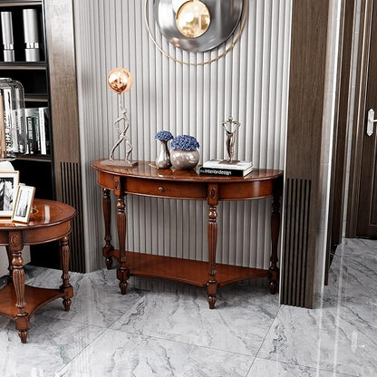 Solid Wood Oval Console Table with Drawer and Storage Shelf, Traditional Vintage Semi-Circle Entryway Table Polished Edging Half-Moon Narrow Table for Living Room Hallway Home, Cherry Walnut