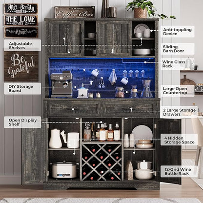 72" Coffee Bar Cabinet with Power Outlet & LED Light, Farmhouse Large Kitchen Hutch with Sliding Barn Door, Tall Bar Cabinets with Storage Drawers & Wine Glass Rack,Pantry China Cabinet,Black Oak