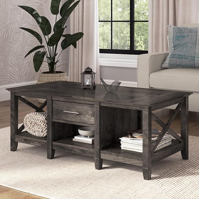 Bush Furniture Key West Coffee Table with Storage in Dark Gray Hickory