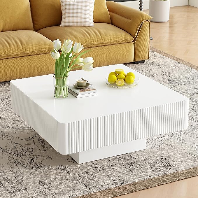 Square Coffee Table for Living Room, Accent Fluted Coffee Table with Storage, Modern Solid Wood Veneered Large Center Tea Table for Small Space Apartment (31.6''D×14''H-White)
