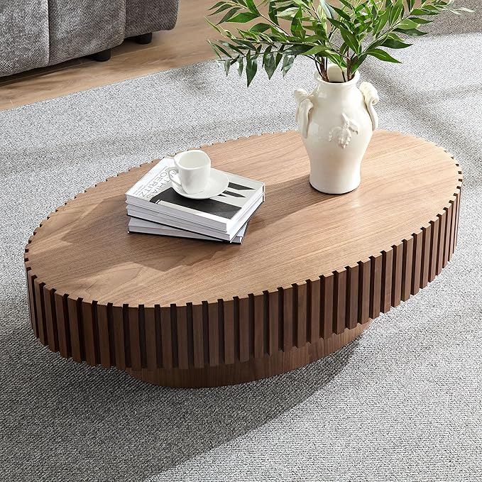 43.7 Inch Oval Drum Coffee Table, Modern Handcraft Fluted Drum Coffee Table, Wooden Round Coffee Table Center Table with Sturdy Pedestal for Living Room Apartment (Walnut)