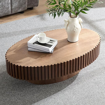 43.7 Inch Oval Drum Coffee Table, Modern Handcraft Fluted Drum Coffee Table, Wooden Round Coffee Table Center Table with Sturdy Pedestal for Living Room Apartment (Walnut)