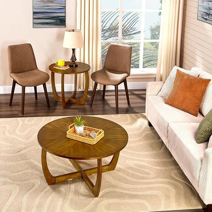 LEEMTORIG Round Wood Coffee Table, Mid Century Modern Round Walnut Coffee Tables for Living Room, 33.5" Dia. Circle Drum Coffee Table with Cross Legs, Easy Assembly, Brown Walnut KFZ-3223