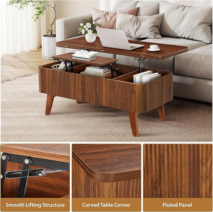 3 in 1 Lift Top Coffee Table, Fluted Convertible Coffee Tables Converts to Dining Tables, Modern Oval Wooden Center Table with Storage for Living Room Office Small Space, Partial Assembly (Walnut)