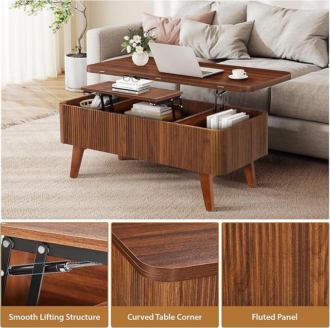 3 in 1 Lift Top Coffee Table, Fluted Convertible Coffee Tables Converts to Dining Tables, Modern Oval Wooden Center Table with Storage for Living Room Office Small Space, Partial Assembly (Walnut)
