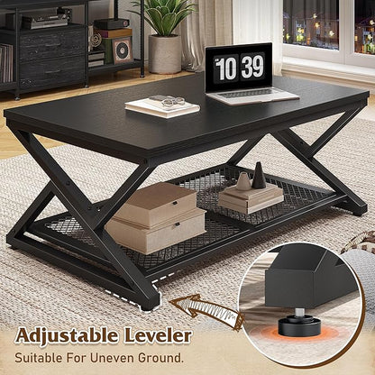 EnHomee Coffee Table with Storage, Modern Coffee Tables for Living Room with Mesh Shelf, 2 Tier Rectangular Center Table for Living Room, Bedroom, 39.4 Inch, Black Oak