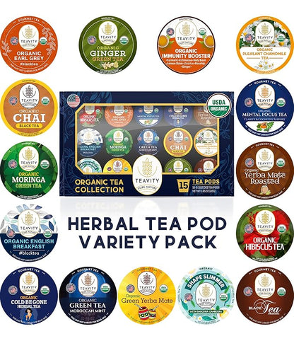 Organic Tea Pods Variety Pack - Assorted Sampler Pack Compatible for Keurig Brewer and Coffee Maker - Earl Grey, English Breakfast, Chai, Chamomile - Herbal Tea Pod for K Cup Keurig Brewing -15 count (Pack of 1) by Teavity