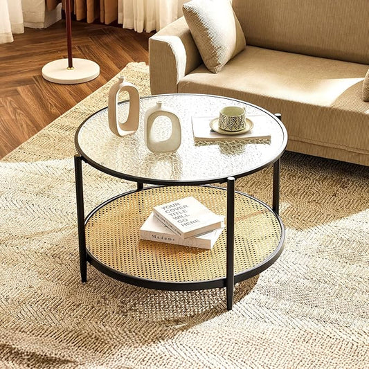 VINGLI 30" Round Coffee Table with Rattan Shelf, Glass Coffee Tables for Home Decor, Modern Coffe Table with 2-Tier Storage, Circle Center Table for Living Room, Office, Small Space, Black
