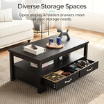 Load image into Gallery viewer, LINSY HOME Farmhouse Coffee Table with Storage, Wood Coffee Table for Living Room, Open Display Area and Storage Drawers with Metal Handles, Chic Style with Curved Base, Black