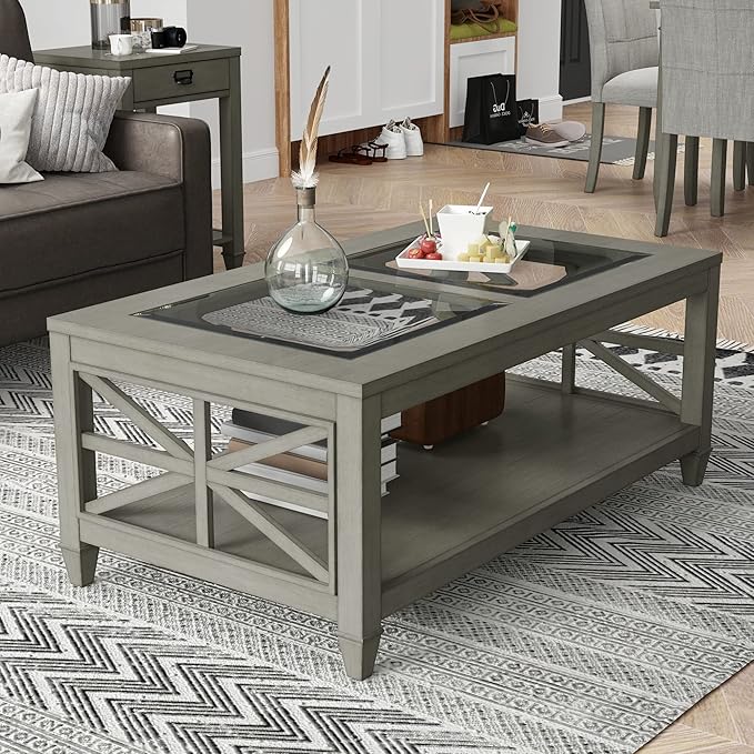 MODERION Solid Wood Coffee Table with Tempered Glass Top, Rectangular Living Room Table with 2-tire Storage Shelf, Industrial Centre Table, 45.5" X 26" Tabletop, Easy Assembly Antique Grey KFZ1318AN