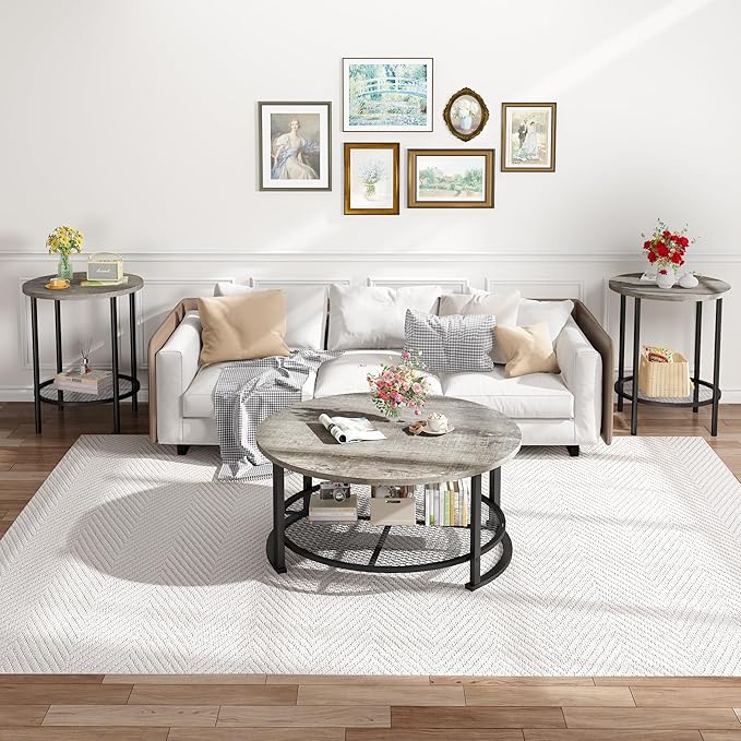 DKLGG Living Room Coffee and End Table Sets, Wooden Modern Rustic Center Table with Two Side Tables, 3 Piece Living Room Coffee Table Set with Storage for Living Room, Apartment (Grey)