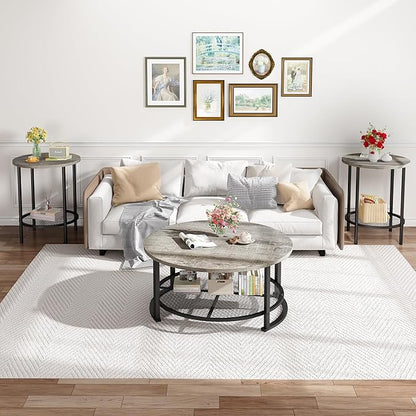 DKLGG Living Room Coffee and End Table Sets, Wooden Modern Rustic Center Table with Two Side Tables, 3 Piece Living Room Coffee Table Set with Storage for Living Room, Apartment (Grey)