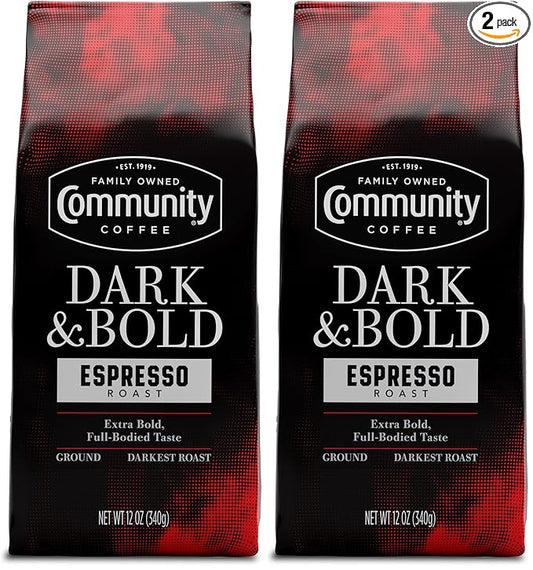 Community Coffee Dark & Bold Espresso Roast, Extra Dark Roast Ground Coffee, 12 Ounce Bag (Pack of 2)