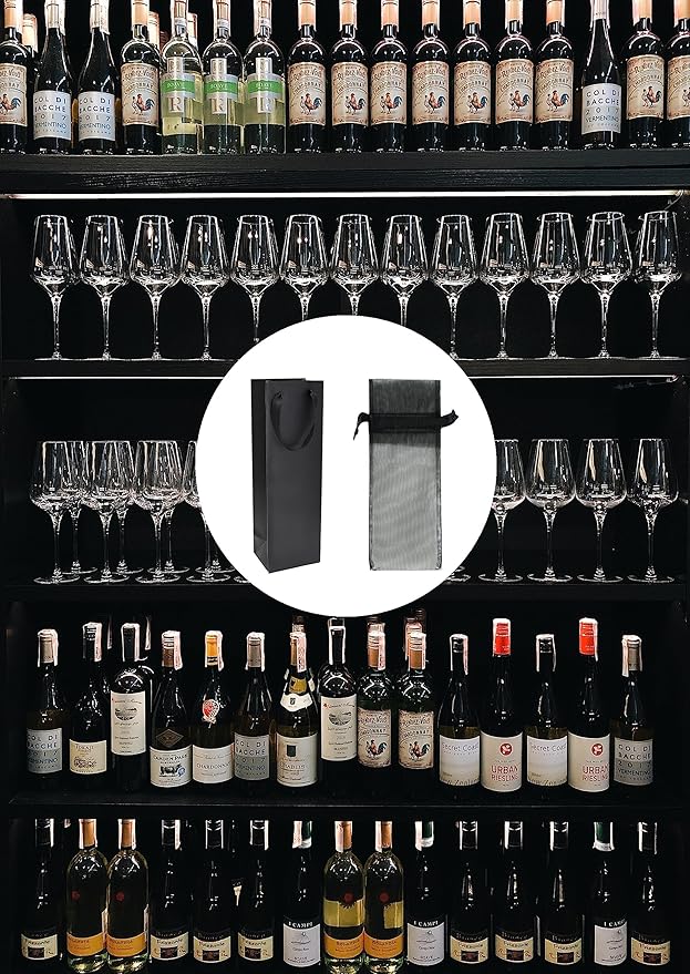 YUBONCE 60-Pack Black Wine Gift Bag With Organza Bottle Bags, Kraft Paper Tote Bags for Whiskey/Spirits, Reusable