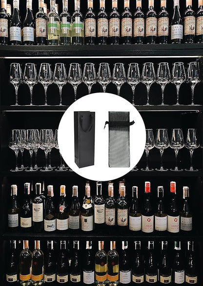 YUBONCE 60-Pack Black Wine Gift Bag With Organza Bottle Bags, Kraft Paper Tote Bags for Whiskey/Spirits, Reusable