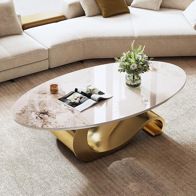 Marble Grain Coffee Table with Gold Stainless Steel Pedestal,Modern Coffee Tables,Oval Living Room Table with Faux Marble Top & Luxury Legs,Sintered Stone Cocktail Center Table,49.2 inch