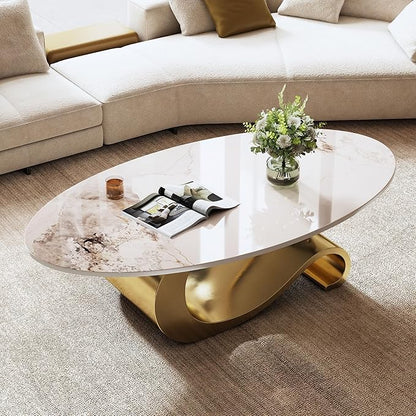Marble Grain Coffee Table with Gold Stainless Steel Pedestal,Modern Coffee Tables,Oval Living Room Table with Faux Marble Top & Luxury Legs,Sintered Stone Cocktail Center Table,49.2 inch