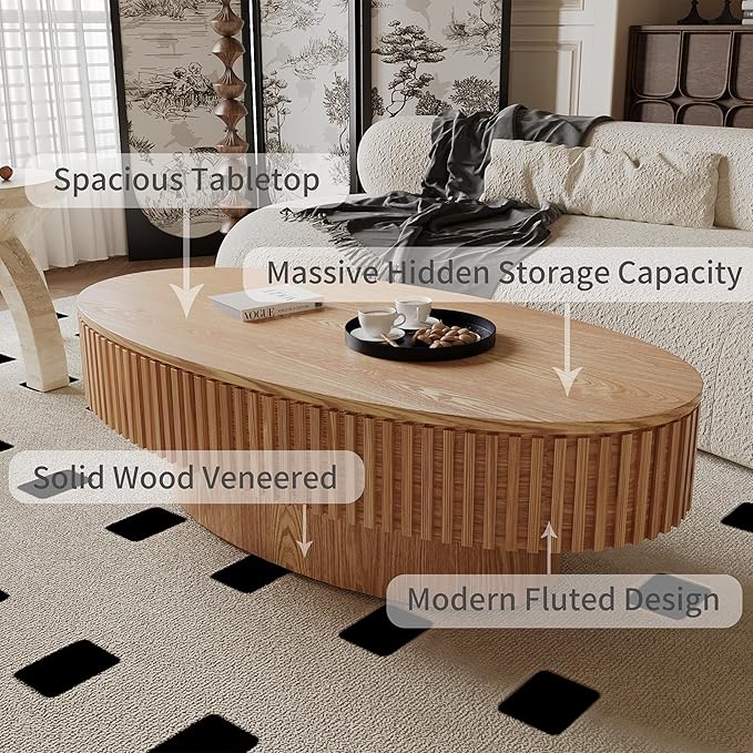 47 Inch Oval Drum Coffee Table with Storage, Handcraft Fluted Drum Coffee Table, Modern Wooden Oval Cocktail Tea Table Center Table with Sturdy Pedestal for Living Room Apartment (Natural)
