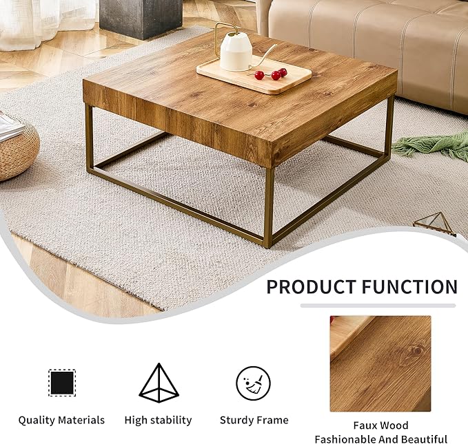 31.5'' Modern Square Coffee Table MDF Desktop with Metal Legs for Living Room Dining Room Bedroom Office