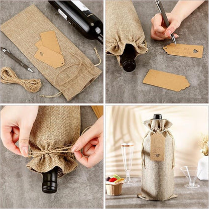 Windyun 100Pcs Burlap Wine Bags Drawstring Wine Bottle Gift Sacks with Tags 5.9 x 13.8 Inch Jute Burlap Plain Wine Bags for Wedding Birthday Blind Tastings Christmas Travel Party (Natural Color)