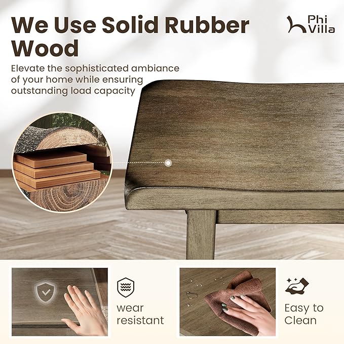 PHI VILLA Dining Table Set for 4, Counter Height Dining Table with 2 Chairs and 1 Bench, Solid Wood Table Sets for Farmhouse, Rustic Kitchen and Dining Room Table Set with Chairs, Smoky Brown