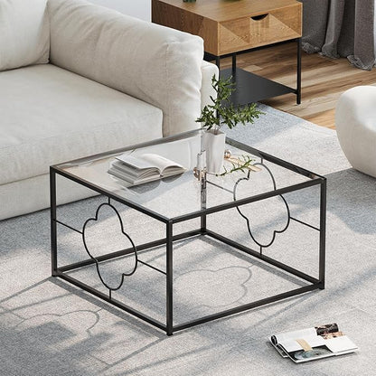 Black Coffee Table Modern Center Table,Glass Square Minimalist Coffee Table Tea Table for Living Room,Tempered Glass-top with Sturdy Metal Frame, Easy Assembly,26.4 x 26.4 x 15.7 Inches