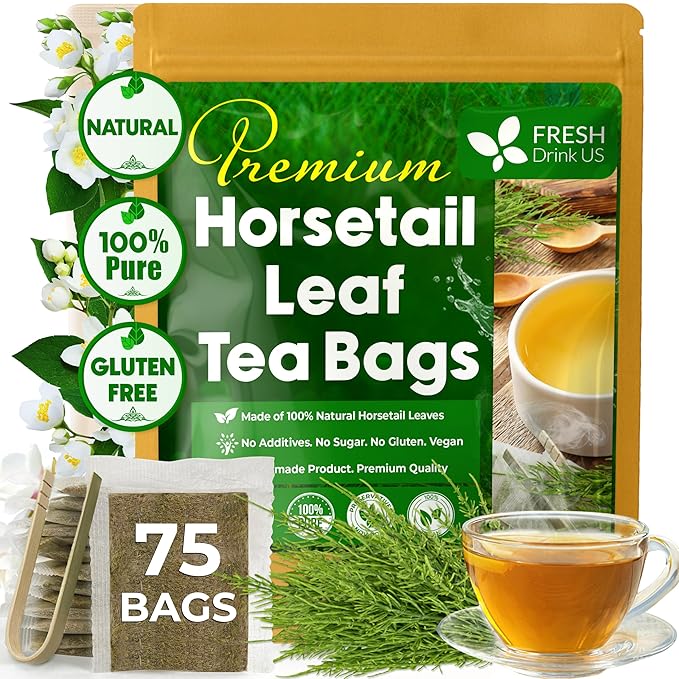 FreshDrinkUS, Premium 75 Horsetail Leaf Tea Bags, 100% Natural & Pure from Horsetail Loose Leaves Herbal Tea. Made with Natural Material Tea Bags. No Sugar, No Caffeine, No Gluten, Vegan.