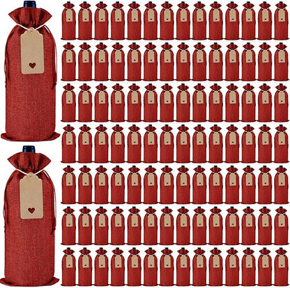 Windyun 100Pcs Burlap Wine Bags Drawstring Wine Bottle Gift Sacks with Tags 5.9 x 13.8 Inch Jute Burlap Plain Wine Bags for Wedding Birthday Blind Tastings Christmas Travel Party (Wine Red)