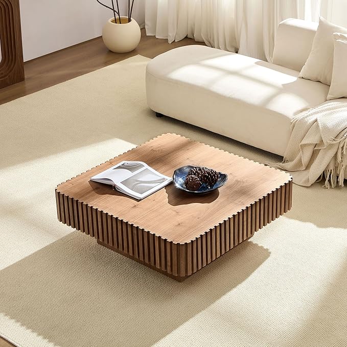 KEVINSPACE Square Wood Coffee Table, Fluted CoffeeTable Handcraft Drum TeaTable CenterTable for Living Room, Modern Wooden CocktailTable for Small Space, Easy Assembly 35.43" 15.75" H Walnut