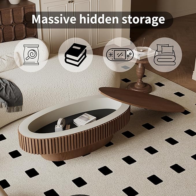 47 Inch Oval Drum Coffee Table with Storage, Handcraft Fluted Drum Coffee Table, Modern Wooden Oval Cocktail Tea Table Center Table with Sturdy Pedestal for Living Room Apartment (Walnut)