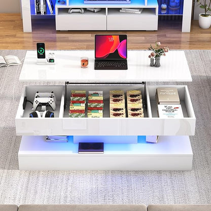 47.2" Large Lift Top Coffee Table,Modern High Glossy LED Coffee Tables for Living Room with Storage Drawer,White Living Room Tables for Livingroom,Dining Room,Bedroom Home Office(White)