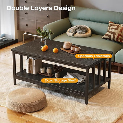 Coffee Table for Living Room with Slatted Sides Frame, Modern Farmhouse Living Room Table with 2-Tier Storage Shelf for Home Office, Apartment, 39 inch, Black