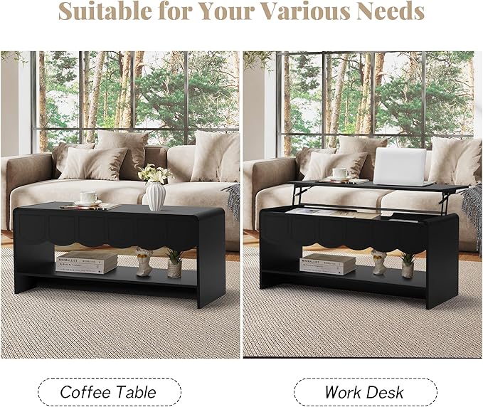 Lift Top Coffee Table with Hidden Compartment, 2 Tier Wooden Center Table with Wave Panel, Modern Lift Tabletop for Home Living Room Office, Black