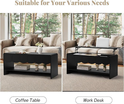 Lift Top Coffee Table with Hidden Compartment, 2 Tier Wooden Center Table with Wave Panel, Modern Lift Tabletop for Home Living Room Office, Black