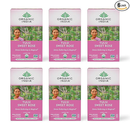 Organic India Tulsi Sweet Rose Herbal Tea - Holy Basil Leaf, African Basil, Chamomilie, Lemon Myrtle, Stress Relieving, Immune Support, USDA Certified Organic, Caffeine-Free - 18 Infusion Bags, 6 Pack